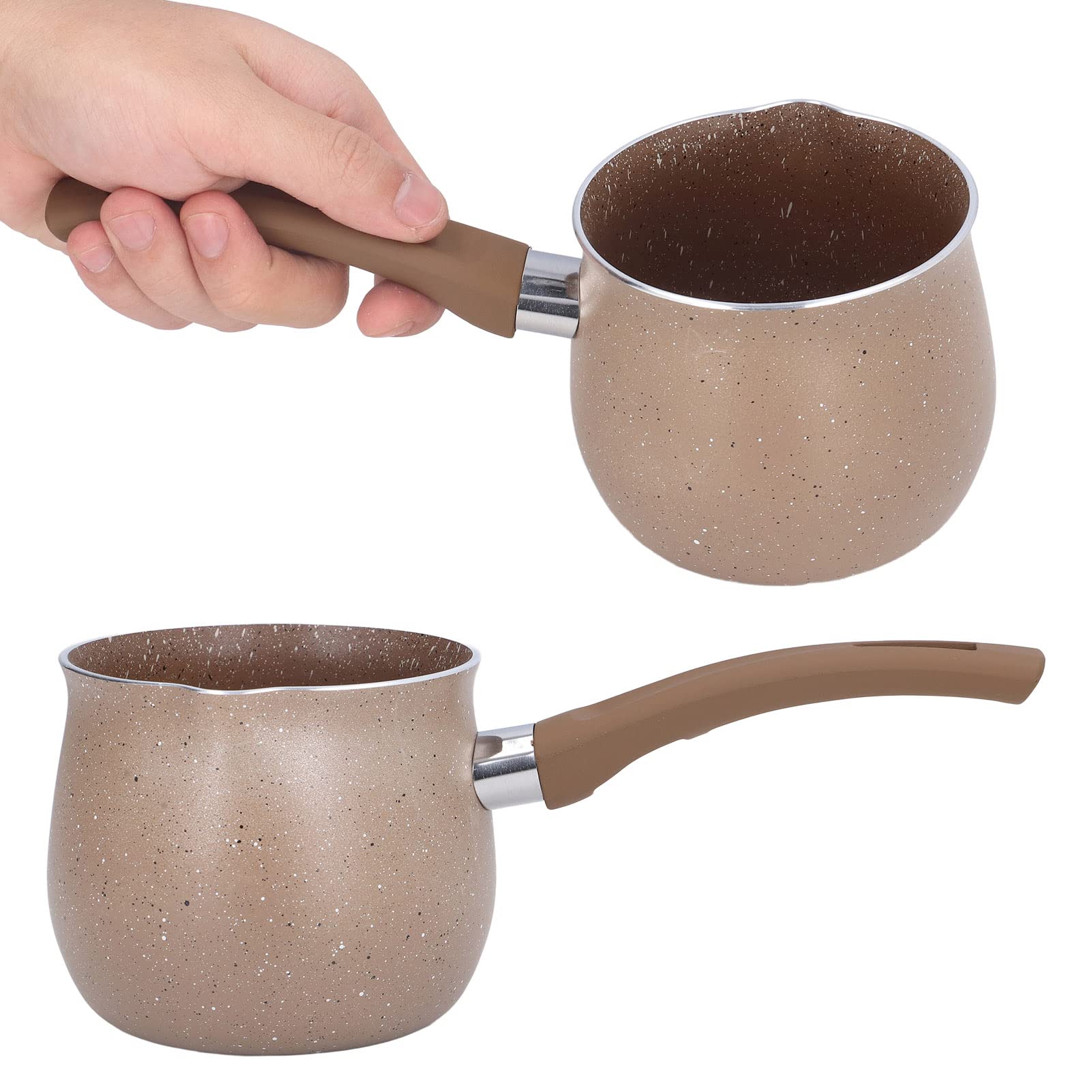 10cm Mini Milk Pot, Nonstick Small Butter Sugar Melting Pot with Pour Spout for Melted Butter Milk Steaming Milk Frothing Latte Art(Brown)