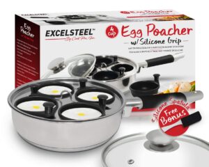 excelsteel 18/10 stainless steel 4 cup egg poacher, non stick easy use rust resistant home kitchen breakfast brunch induction cooktop ready