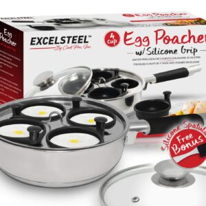 Excelsteel 18/10 Stainless Steel 4 Cup Egg Poacher, Non Stick Easy Use Rust Resistant Home Kitchen Breakfast Brunch Induction Cooktop Ready