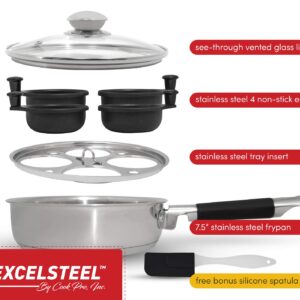 Excelsteel 18/10 Stainless Steel 4 Cup Egg Poacher, Non Stick Easy Use Rust Resistant Home Kitchen Breakfast Brunch Induction Cooktop Ready