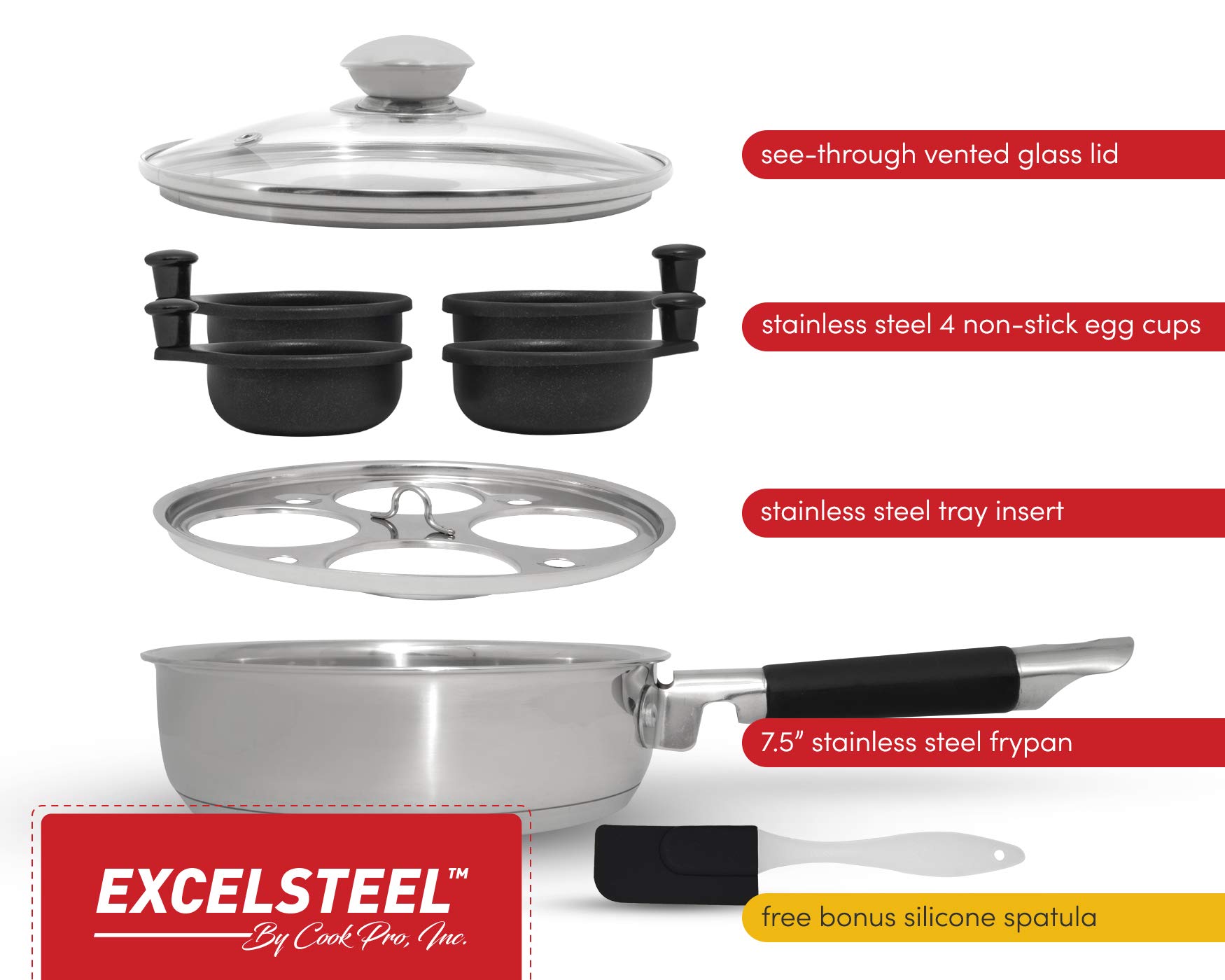 Excelsteel 18/10 Stainless Steel 4 Cup Egg Poacher, Non Stick Easy Use Rust Resistant Home Kitchen Breakfast Brunch Induction Cooktop Ready