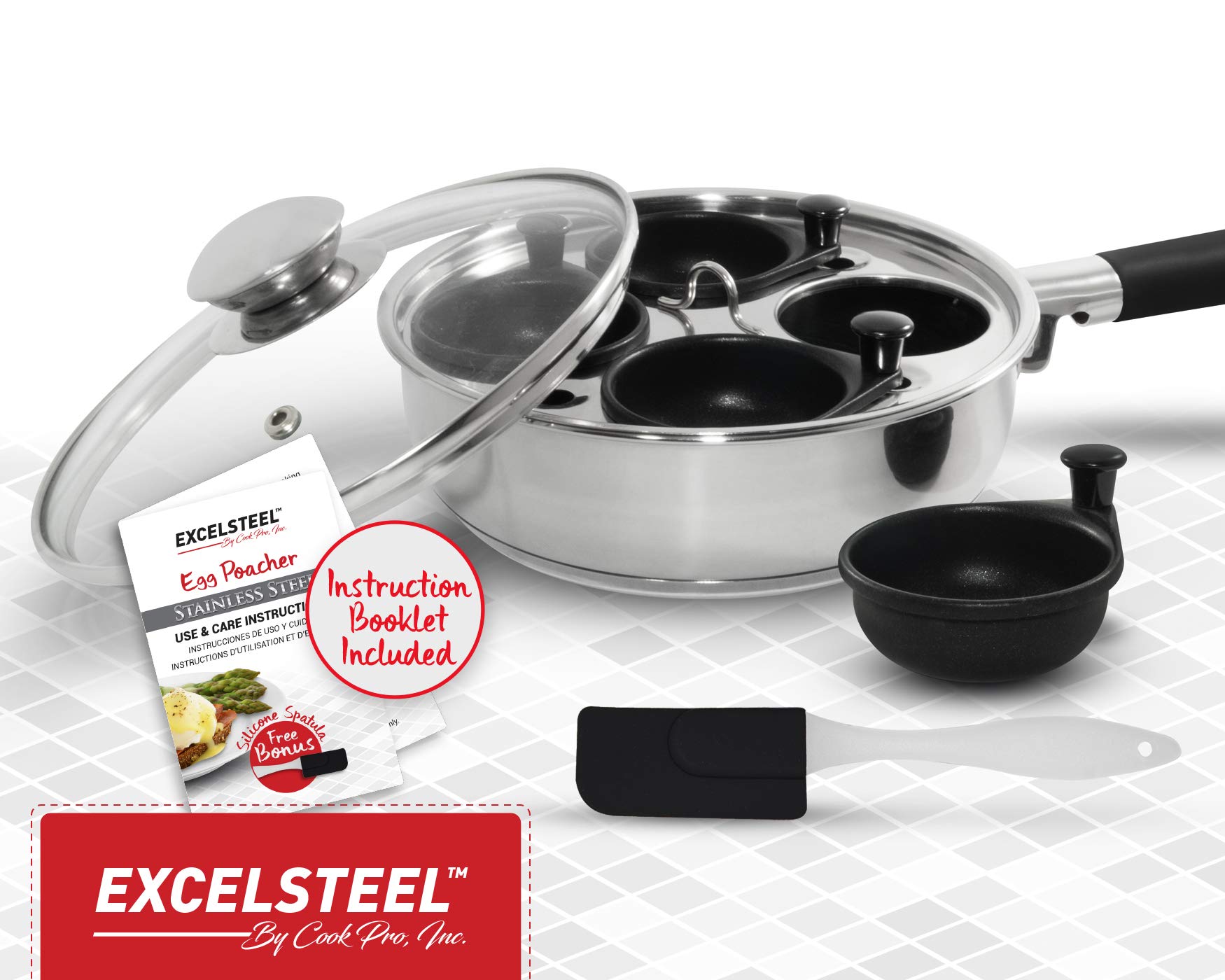 Excelsteel 18/10 Stainless Steel 4 Cup Egg Poacher, Non Stick Easy Use Rust Resistant Home Kitchen Breakfast Brunch Induction Cooktop Ready