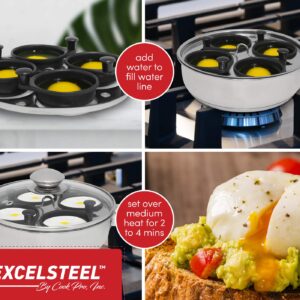 Excelsteel 18/10 Stainless Steel 4 Cup Egg Poacher, Non Stick Easy Use Rust Resistant Home Kitchen Breakfast Brunch Induction Cooktop Ready