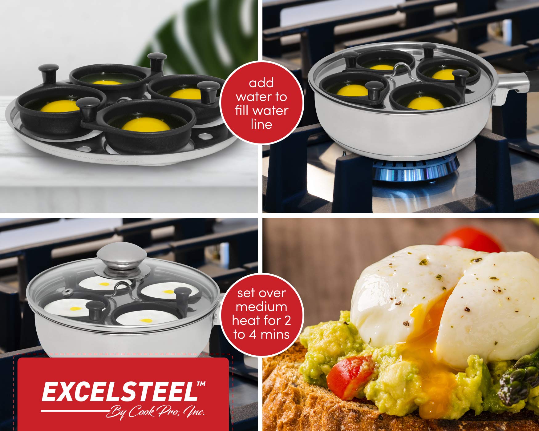 Excelsteel 18/10 Stainless Steel 4 Cup Egg Poacher, Non Stick Easy Use Rust Resistant Home Kitchen Breakfast Brunch Induction Cooktop Ready