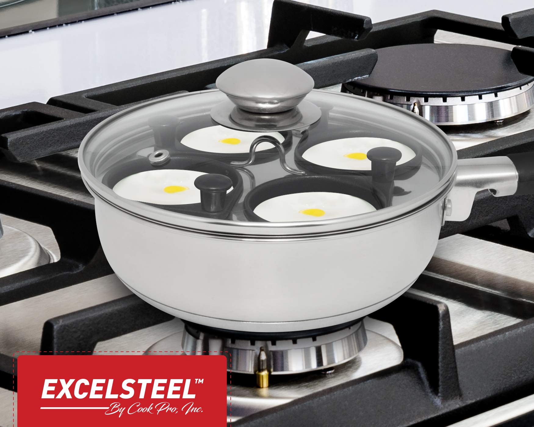 Excelsteel 18/10 Stainless Steel 4 Cup Egg Poacher, Non Stick Easy Use Rust Resistant Home Kitchen Breakfast Brunch Induction Cooktop Ready