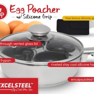 Excelsteel 18/10 Stainless Steel 4 Cup Egg Poacher, Non Stick Easy Use Rust Resistant Home Kitchen Breakfast Brunch Induction Cooktop Ready