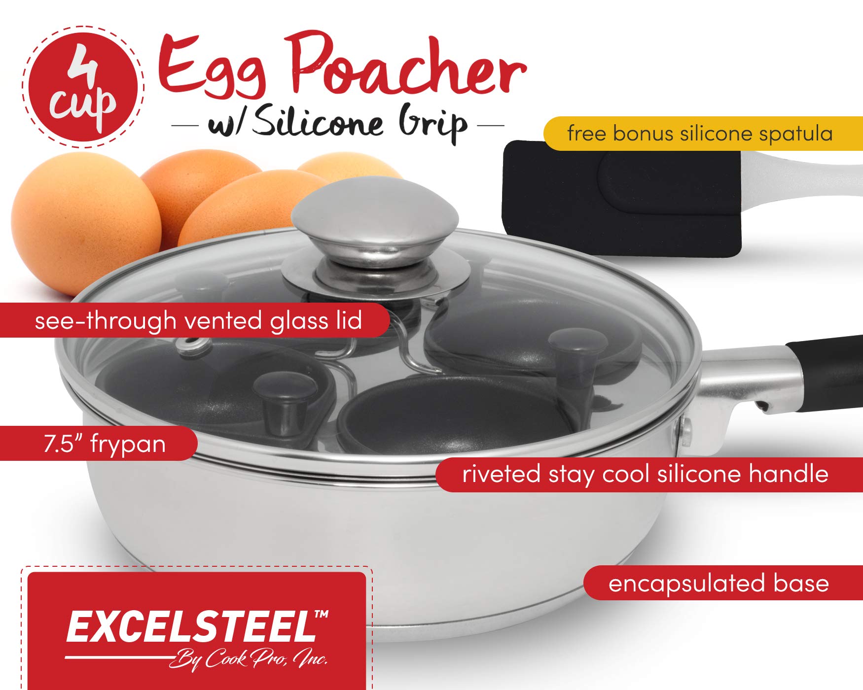 Excelsteel 18/10 Stainless Steel 4 Cup Egg Poacher, Non Stick Easy Use Rust Resistant Home Kitchen Breakfast Brunch Induction Cooktop Ready