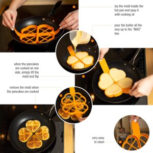 Silicone Pancake Mold Flipper – 4 Heart Shaped Egg Rings Set - Great for Cooking Fried Eggs, Hash Browns, Crumpets, Omelets on Griddle for Your Kids and Loved Ones, Orange