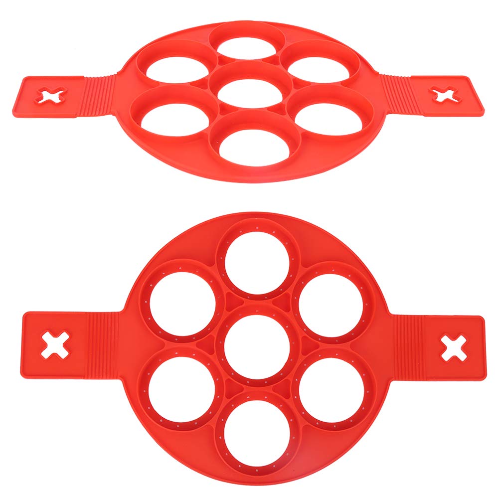 Oumefar 2PCS Pancake Molds Red Silicone Frying Egg Tray with 7 Round Shape Holes Egg Maker Nonstick Cooking Tool for Pancake Sandwich Breakfast