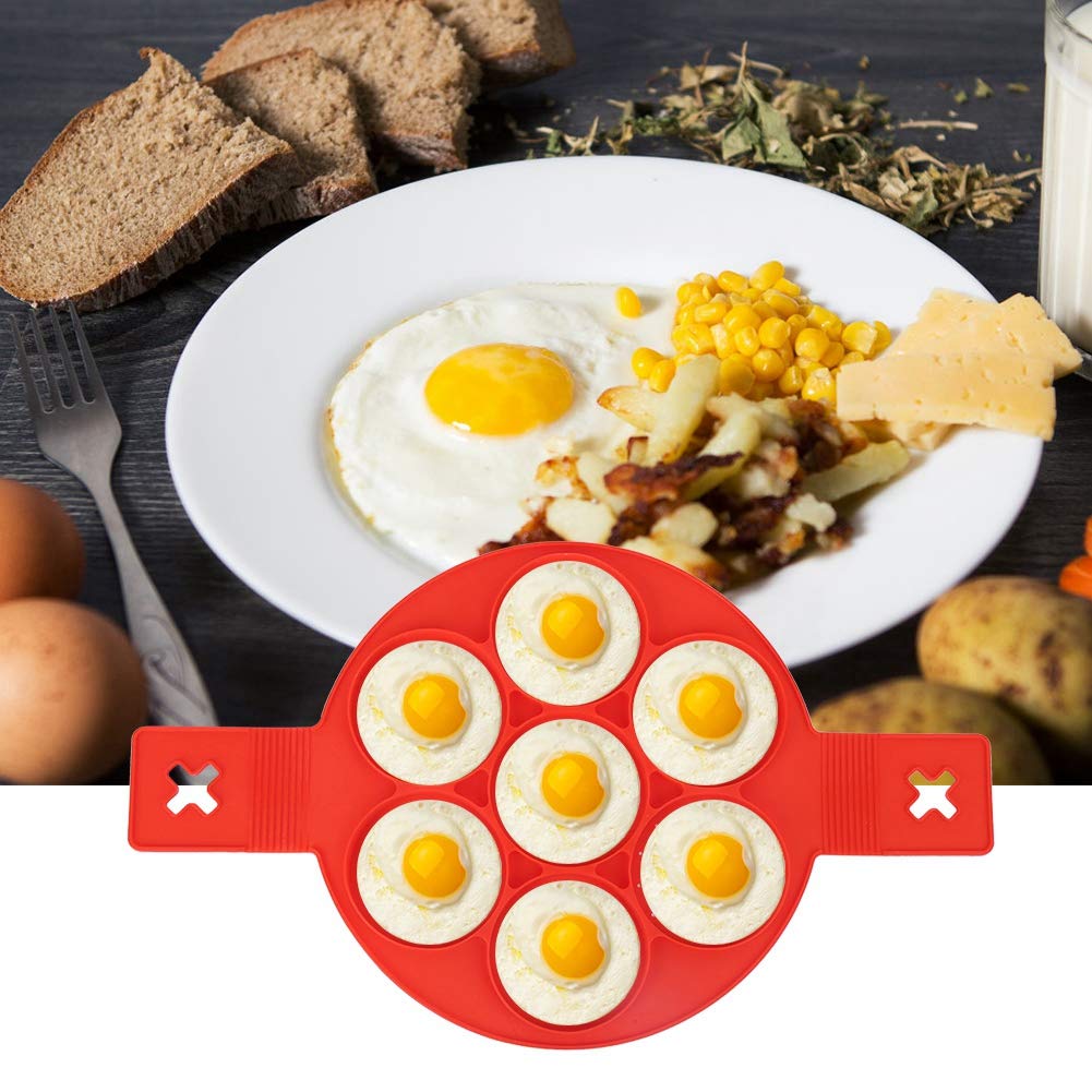 Oumefar 2PCS Pancake Molds Red Silicone Frying Egg Tray with 7 Round Shape Holes Egg Maker Nonstick Cooking Tool for Pancake Sandwich Breakfast