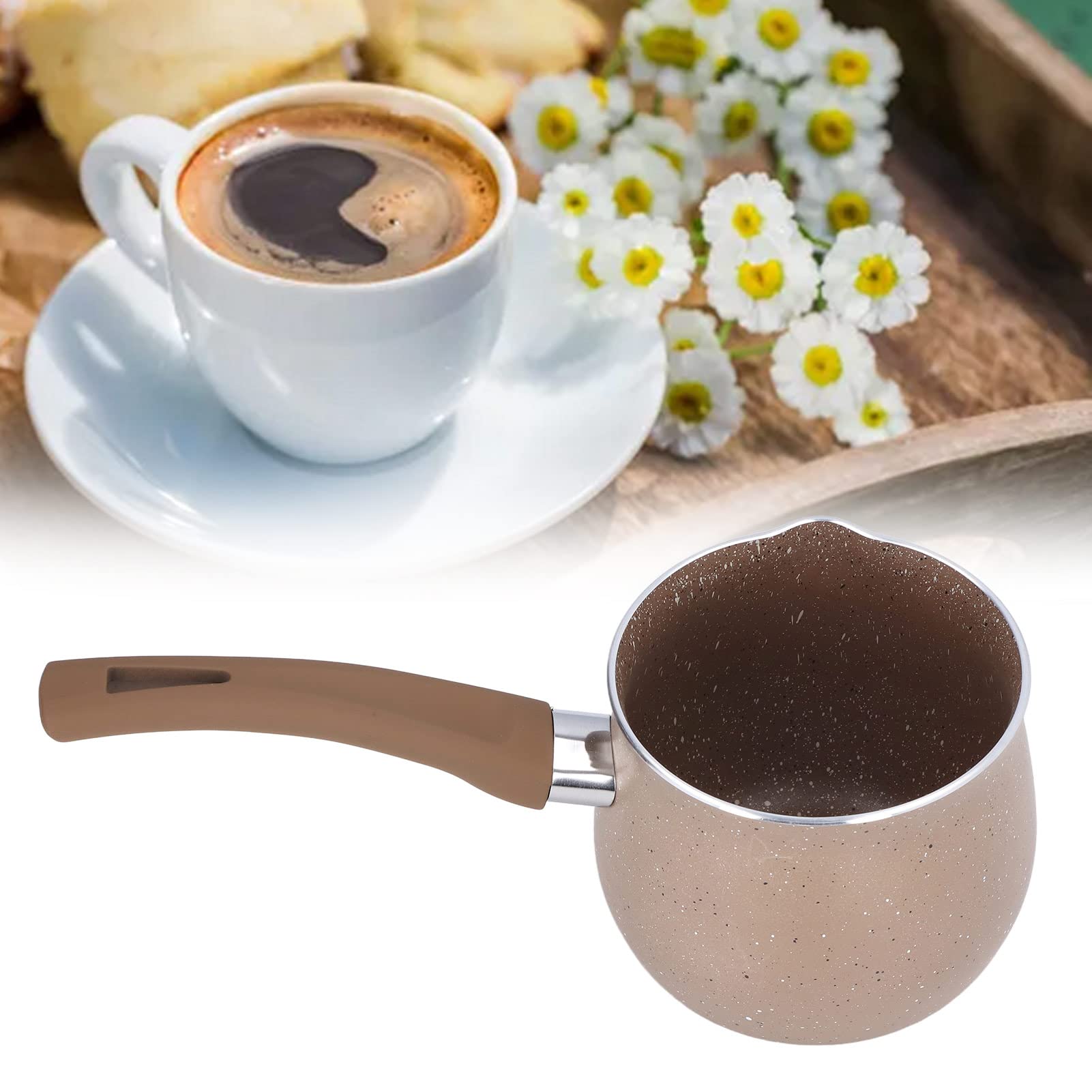 Mini Milk Pan, Aluminum Alloy Anti Scalding Diameter Warmer Coffee Pot Portable Non Stick for Cooking Heating Boiling Melting (Brown)