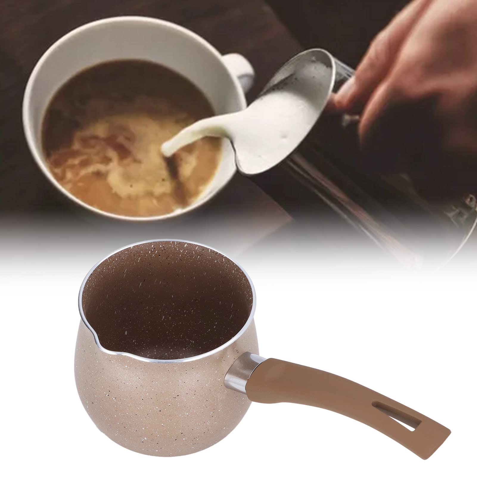Mini Milk Pan, Aluminum Alloy Anti Scalding Diameter Warmer Coffee Pot Portable Non Stick for Cooking Heating Boiling Melting (Brown)