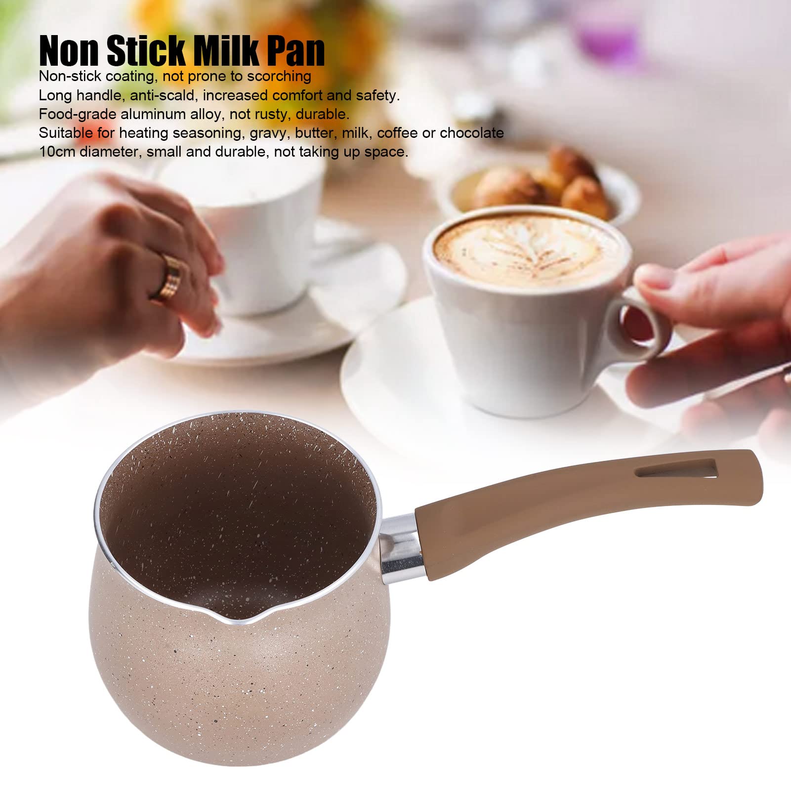 Mini Milk Pan, Aluminum Alloy Anti Scalding Diameter Warmer Coffee Pot Portable Non Stick for Cooking Heating Boiling Melting (Brown)