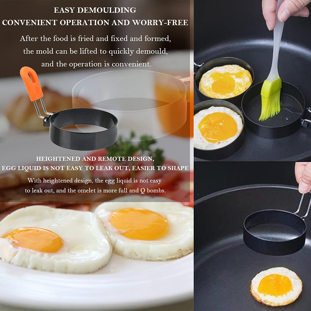 FOCCTS Egg Rings, 4 Pack Nonstick Cooking Rings with Oil Brush Round Crumpet Ring Mold Shaper, Stainless Steel Egg Mold Ring Molds for Cooking Frying Shaping Eggs