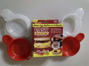 microwave egg cooker, nonstick easy eggwish, egg poacher for breakfast cheese hamburg sandwich pancake omelet egg patty, pod & muffins - as seen on tv - 2 set in a box, red & clear