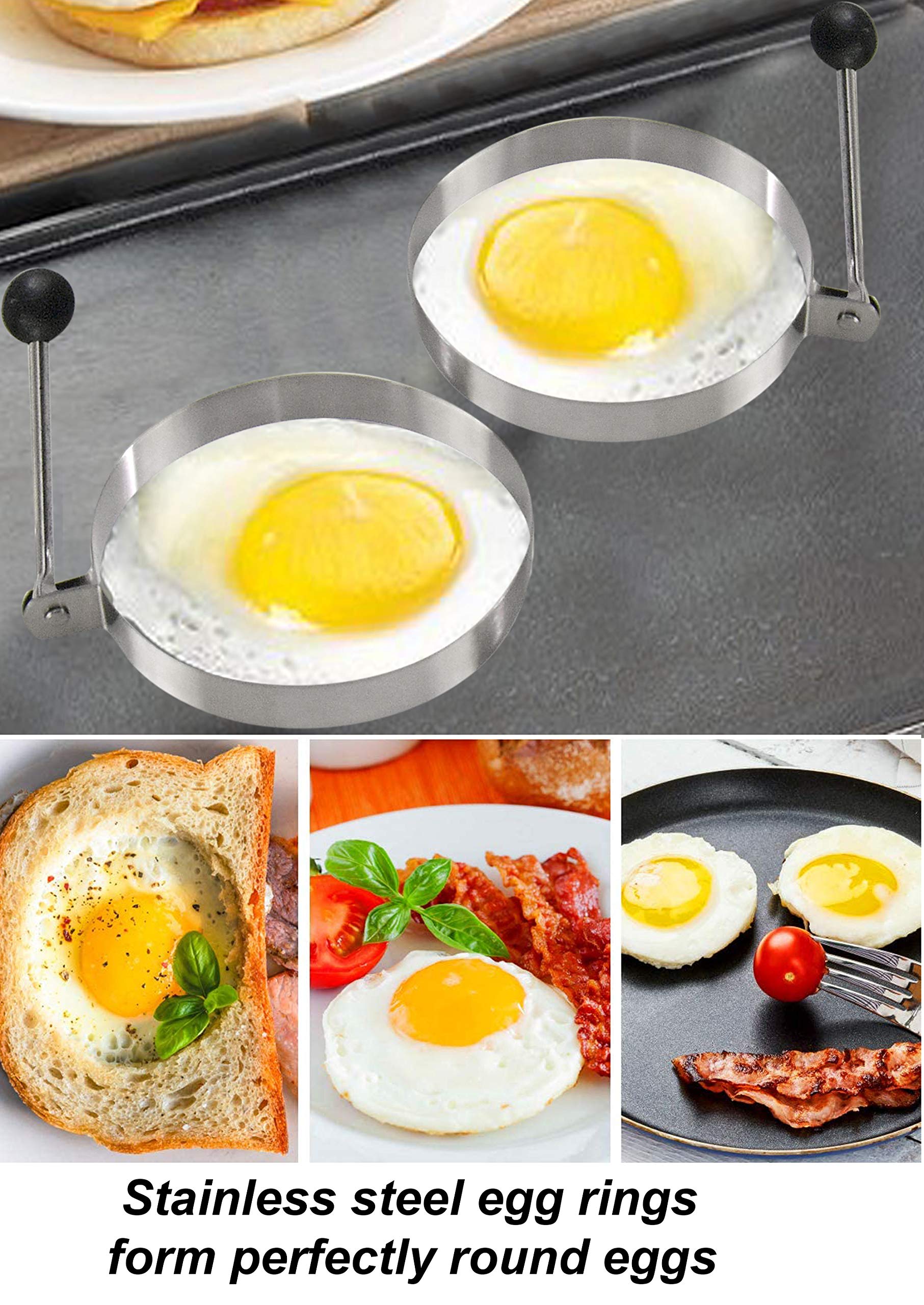 Home-X - Bacon and Eggs Cookware Set Includes Two Stainless Steel Egg Rings and Clear Tempered Glass Bacon Press