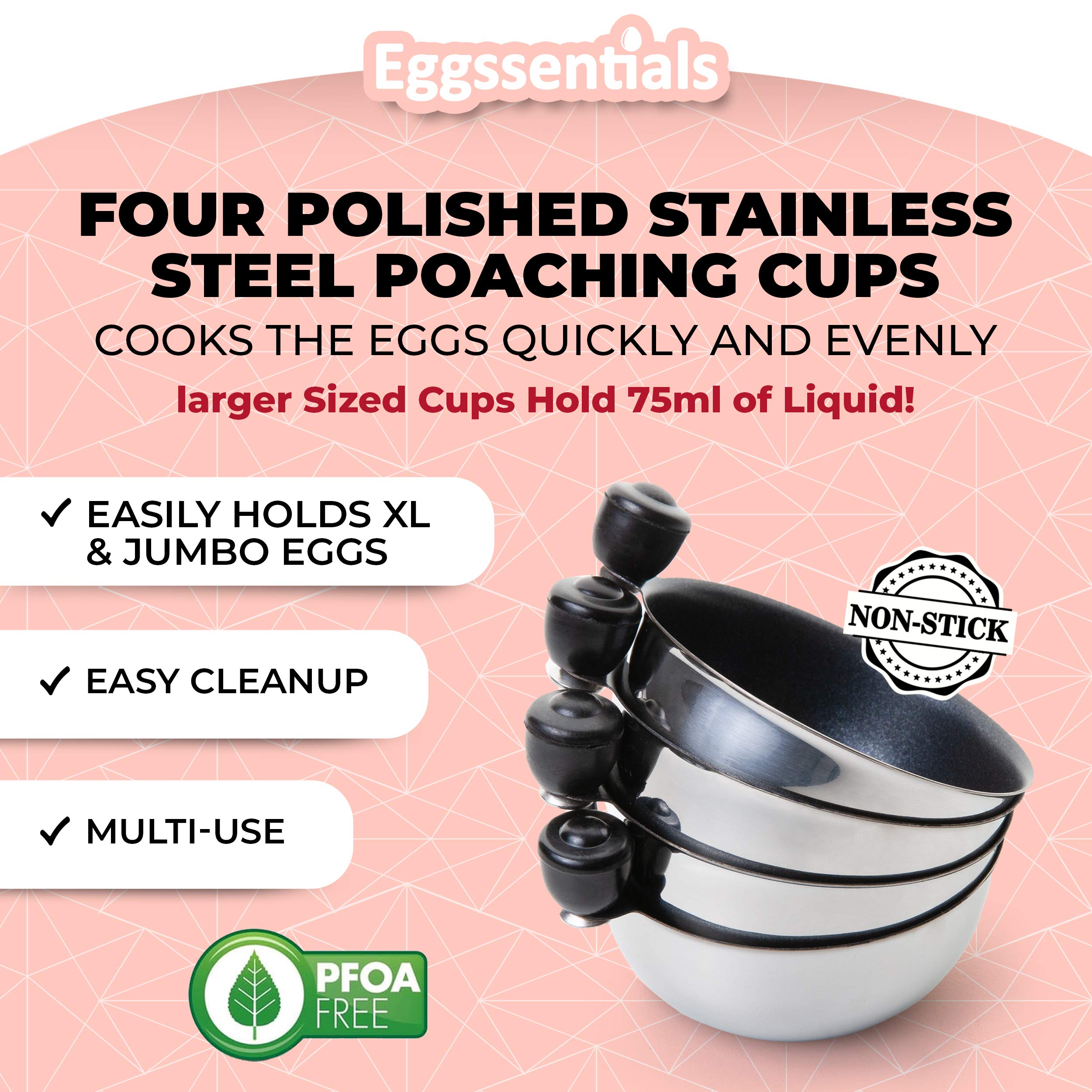 Eggssentials Egg Poacher Replacement Spare Stainless Steel Anti-Stick PFOA Free Individual Removable Poaching Cups (4)