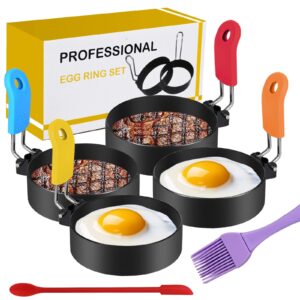 stainless steel nonstick egg rings, oil brush, silicone spatula, round frying eggs pancake mold with anti-scald handle, for camping breakfast sandwich burger fried eggs english muffins - 6 pack