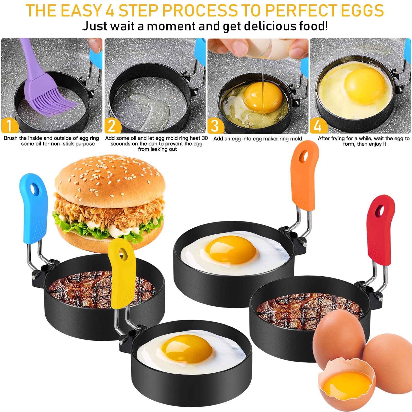 Stainless Steel Nonstick Egg Rings, Oil Brush, Silicone Spatula, Round Frying Eggs Pancake Mold with Anti-scald Handle, for Camping Breakfast Sandwich Burger Fried Eggs English Muffins - 6 Pack