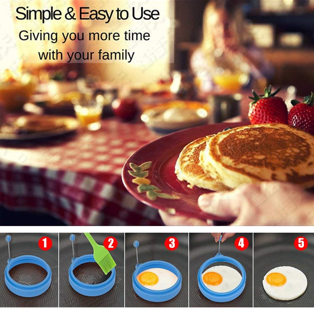 New Egg Ring with Oil Brush 100% Food Grade Egg Cooking Rings, Durable & Reusable Silicone Ring Eggs, Non Stick Silicone Ring for Eggs (5 Pack)