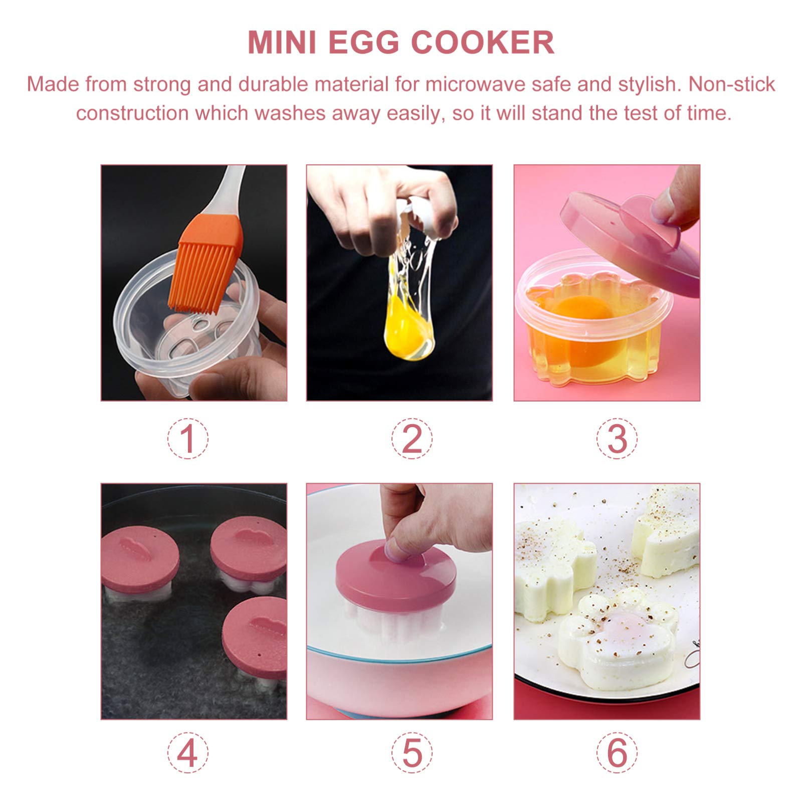 Hemoton 4pcs Egg Poacher Cups Egg Bites Mold Egg Steam Poacher Cooker Breakfast Cooking Utensil For Hard Boiled Poached Scrambled Eggs Kitchen Tools with Brush Pink