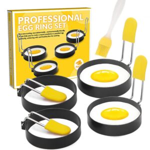 yomi family egg rings for frying eggs and egg mcmuffins, nonstick round egg shaper mold with anti-scald handle and oil brush (4 pack)