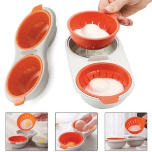 AKOAK 1 Pack Egg Poacher, Double Drain Egg Boiler, 2 - Chamber Microwave Egg Cooker Kitchen Cooking Gadgets, Drain Egg Boiler for Microwave or Stove - Orange