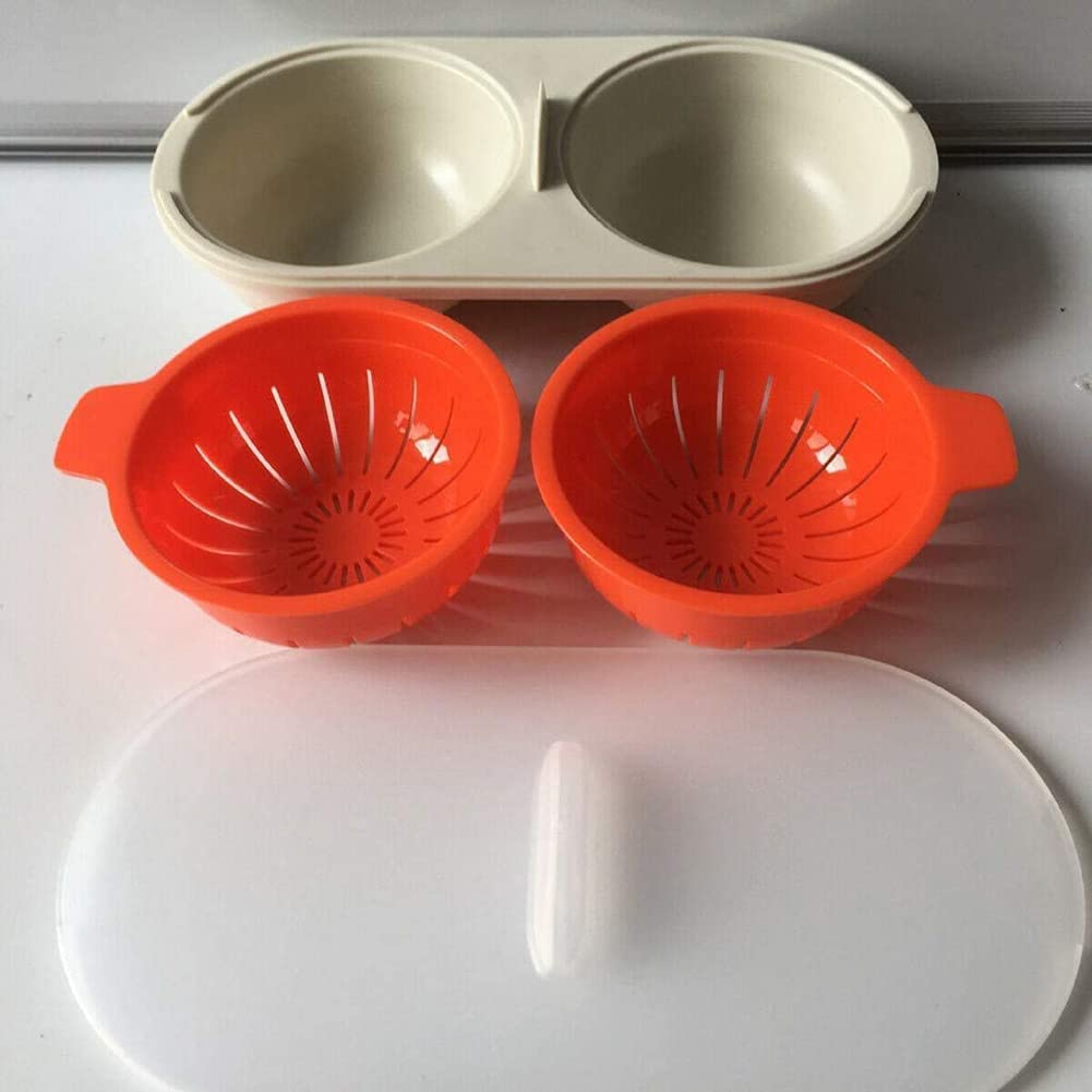 AKOAK 1 Pack Egg Poacher, Double Drain Egg Boiler, 2 - Chamber Microwave Egg Cooker Kitchen Cooking Gadgets, Drain Egg Boiler for Microwave or Stove - Orange