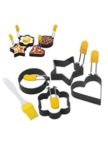 egg ring upgraded set of 4 with oil brush,foldable silicone handle.stainless steel egg ring,non stick round omelette model for fried egg mcmuffin sandwiches.(4 different shapes）