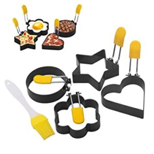 Egg Ring Upgraded Set of 4 with Oil Brush,Foldable silicone handle.Stainless Steel Egg Ring,Non Stick Round Omelette Model for Fried Egg McMuffin Sandwiches.(4 different shapes）