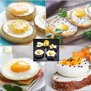 Egg Ring Upgraded Set of 4 with Oil Brush,Foldable silicone handle.Stainless Steel Egg Ring,Non Stick Round Omelette Model for Fried Egg McMuffin Sandwiches.(4 different shapes）