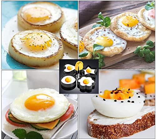 Egg Ring Upgraded Set of 4 with Oil Brush,Foldable silicone handle.Stainless Steel Egg Ring,Non Stick Round Omelette Model for Fried Egg McMuffin Sandwiches.(4 different shapes）