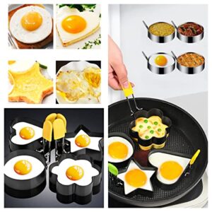 Egg Ring Upgraded Set of 4 with Oil Brush,Foldable silicone handle.Stainless Steel Egg Ring,Non Stick Round Omelette Model for Fried Egg McMuffin Sandwiches.(4 different shapes）