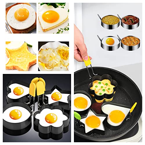 Egg Ring Upgraded Set of 4 with Oil Brush,Foldable silicone handle.Stainless Steel Egg Ring,Non Stick Round Omelette Model for Fried Egg McMuffin Sandwiches.(4 different shapes）