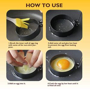 Egg Ring Upgraded Set of 4 with Oil Brush,Foldable silicone handle.Stainless Steel Egg Ring,Non Stick Round Omelette Model for Fried Egg McMuffin Sandwiches.(4 different shapes）