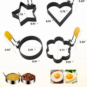 Egg Ring Upgraded Set of 4 with Oil Brush,Foldable silicone handle.Stainless Steel Egg Ring,Non Stick Round Omelette Model for Fried Egg McMuffin Sandwiches.(4 different shapes）