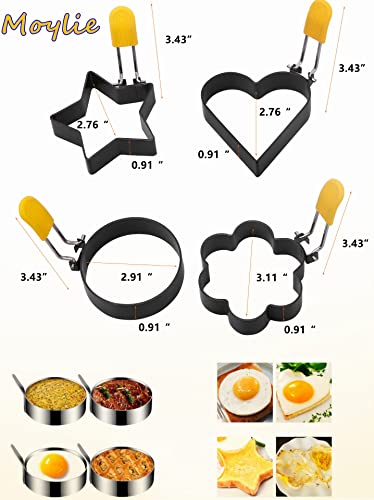 Egg Ring Upgraded Set of 4 with Oil Brush,Foldable silicone handle.Stainless Steel Egg Ring,Non Stick Round Omelette Model for Fried Egg McMuffin Sandwiches.(4 different shapes）