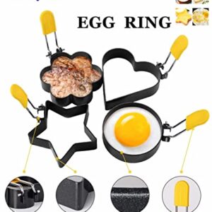 Egg Ring Upgraded Set of 4 with Oil Brush,Foldable silicone handle.Stainless Steel Egg Ring,Non Stick Round Omelette Model for Fried Egg McMuffin Sandwiches.(4 different shapes）