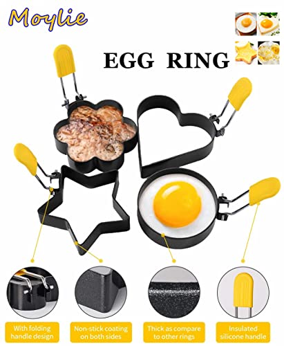 Egg Ring Upgraded Set of 4 with Oil Brush,Foldable silicone handle.Stainless Steel Egg Ring,Non Stick Round Omelette Model for Fried Egg McMuffin Sandwiches.(4 different shapes）