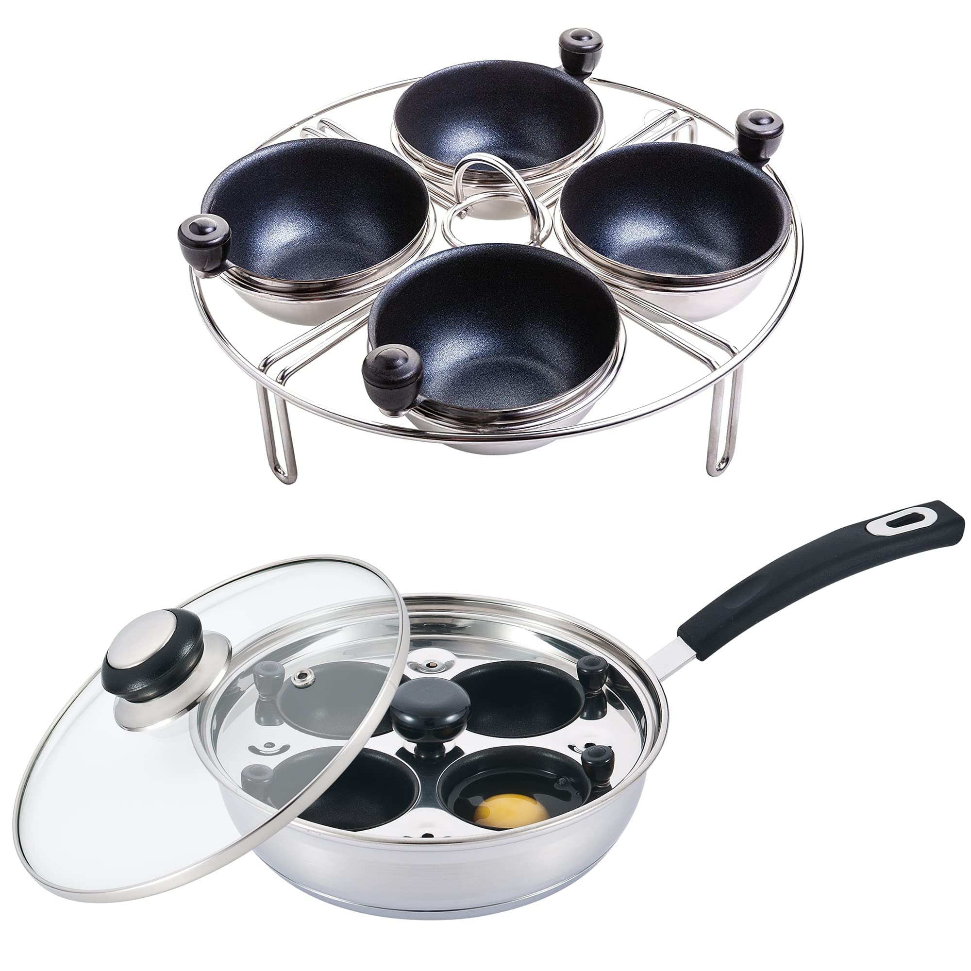 Eggssentials Egg Poacher Pan Nonstick Poached Egg Maker, Stainless Steel Egg Poaching Pan, Poached Eggs Cooker Food Grade Safe PFOA Free with Spatula, Egg Poachers Cookware - 4 Poaching Cups