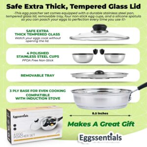 Eggssentials Egg Poacher Pan Nonstick Poached Egg Maker, Stainless Steel Egg Poaching Pan, Poached Eggs Cooker Food Grade Safe PFOA Free with Spatula, Egg Poachers Cookware - 4 Poaching Cups