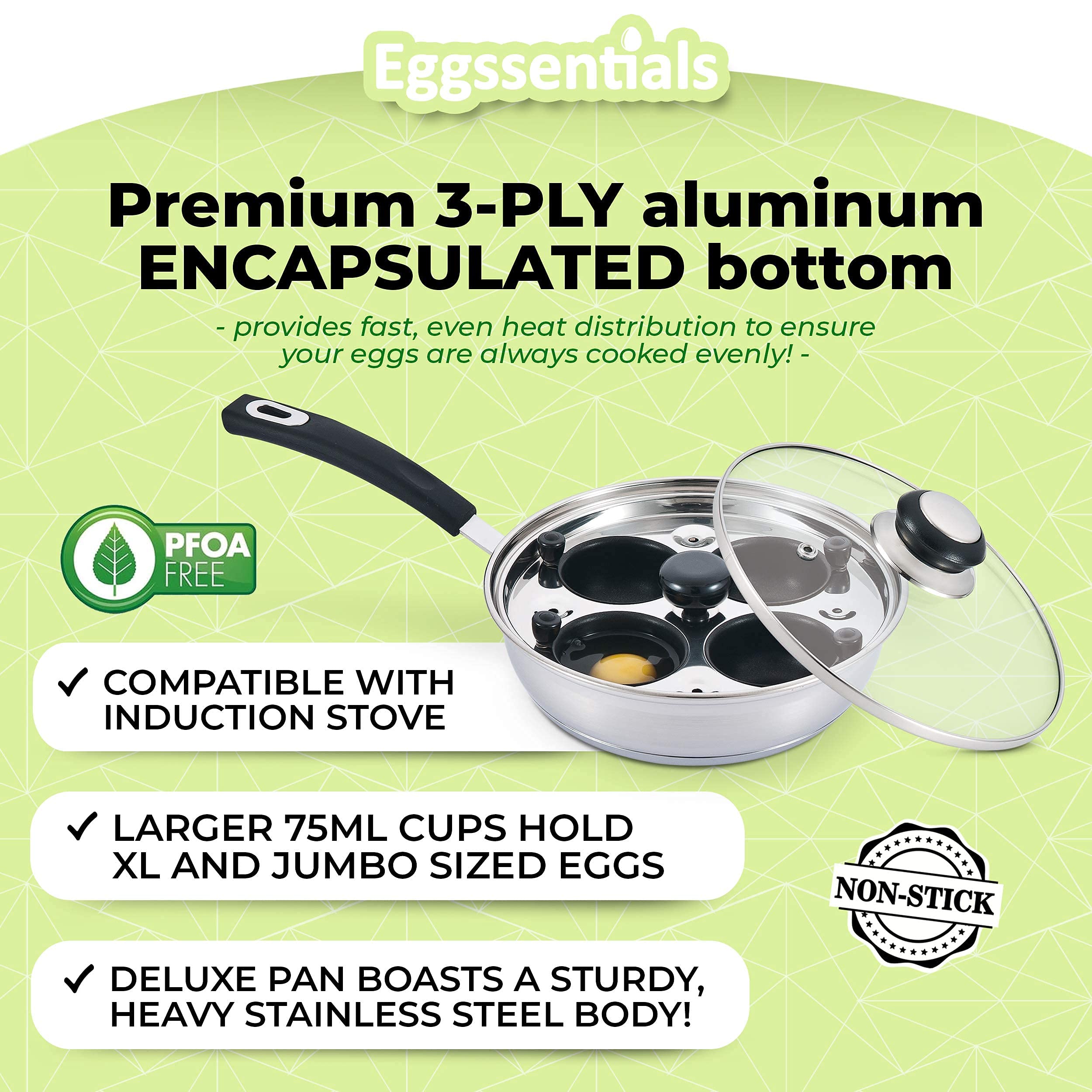 Eggssentials Egg Poacher Pan Nonstick Poached Egg Maker, Stainless Steel Egg Poaching Pan, Poached Eggs Cooker Food Grade Safe PFOA Free with Spatula, Egg Poachers Cookware - 4 Poaching Cups