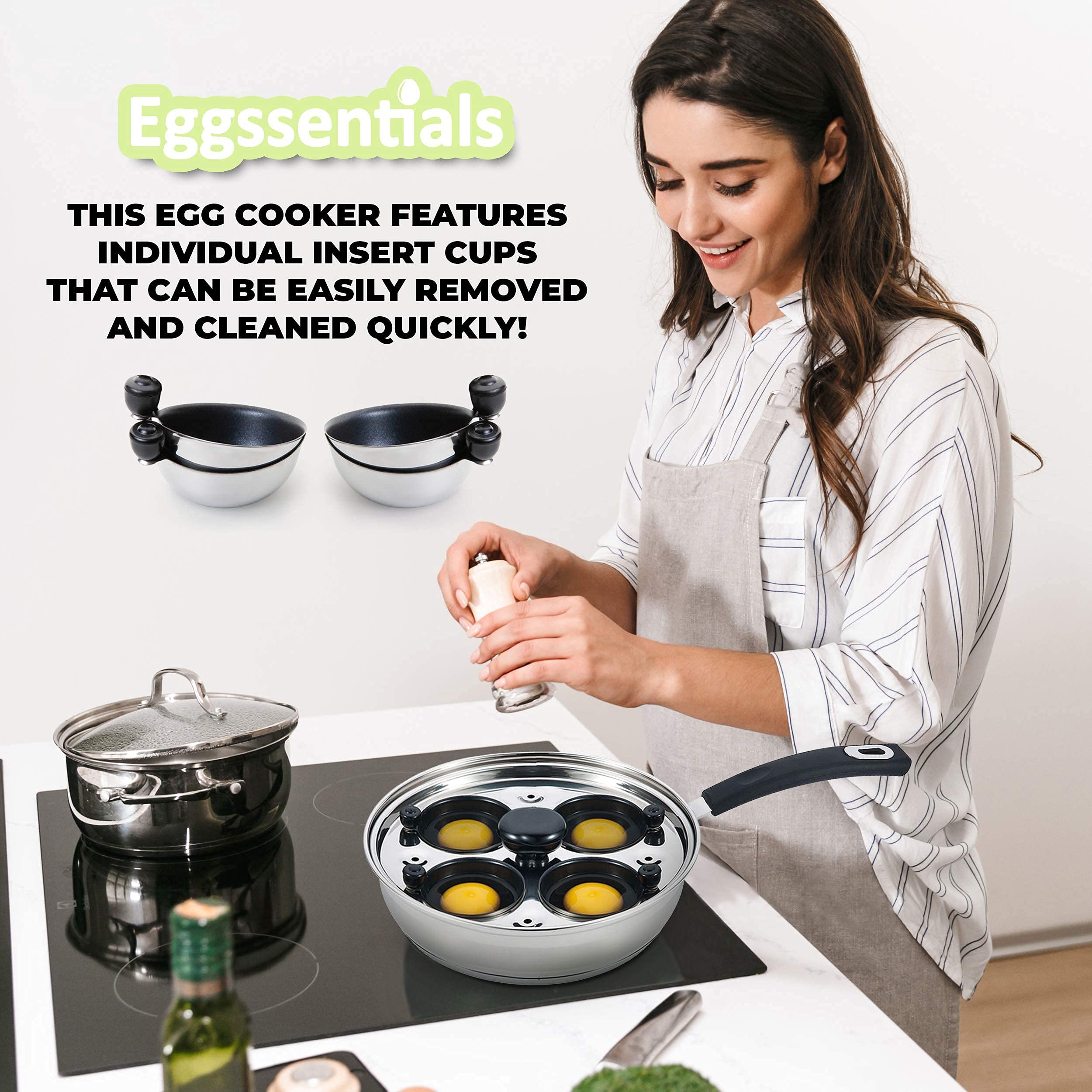 Eggssentials Egg Poacher Pan Nonstick Poached Egg Maker, Stainless Steel Egg Poaching Pan, Poached Eggs Cooker Food Grade Safe PFOA Free with Spatula, Egg Poachers Cookware - 4 Poaching Cups