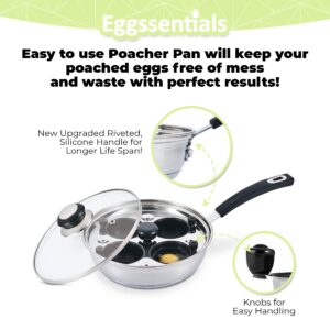 Eggssentials Egg Poacher Pan Nonstick Poached Egg Maker, Stainless Steel Egg Poaching Pan, Poached Eggs Cooker Food Grade Safe PFOA Free with Spatula, Egg Poachers Cookware - 4 Poaching Cups