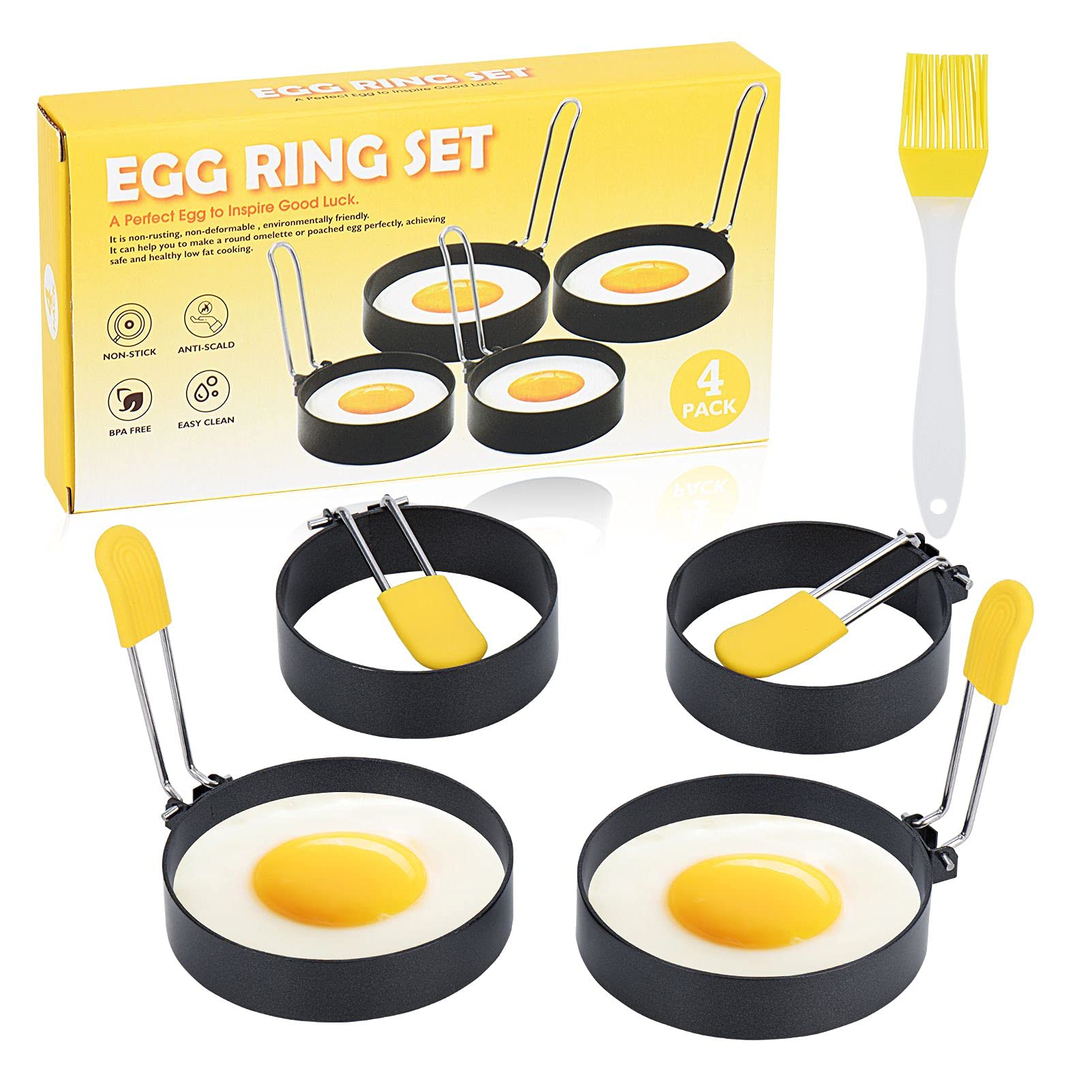 CHENGNA Egg Rings for Frying Eggs, 4 Pcs Round Egg Cooker Ring, Egg Sandwich Mold, Egg Circles For Cooking, Egg Rings, Egg Round Mold (4in×2/3in×2)