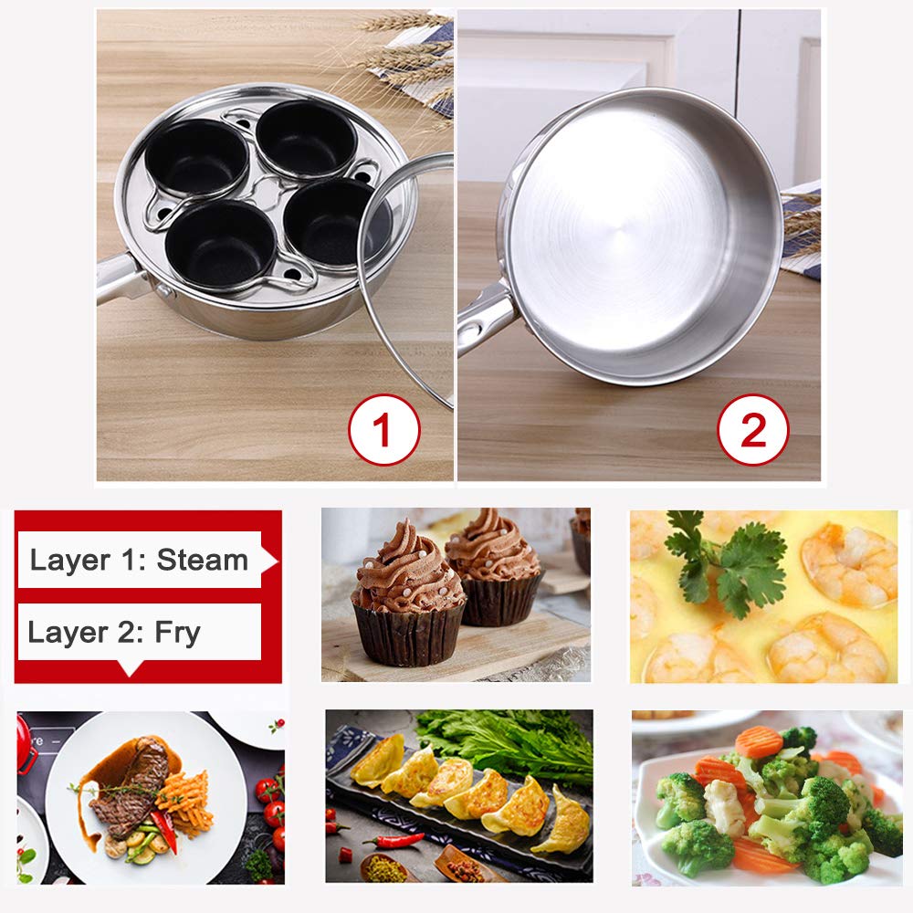 Egg Poacher Pan Poached Egg Maker Set with 6 Non-stick Egg Poaching Cups, 1 Stainless Steel Steamer Pot, Multi-Purpose for Egg Cake Vegetables Seafood Meat Baby Food