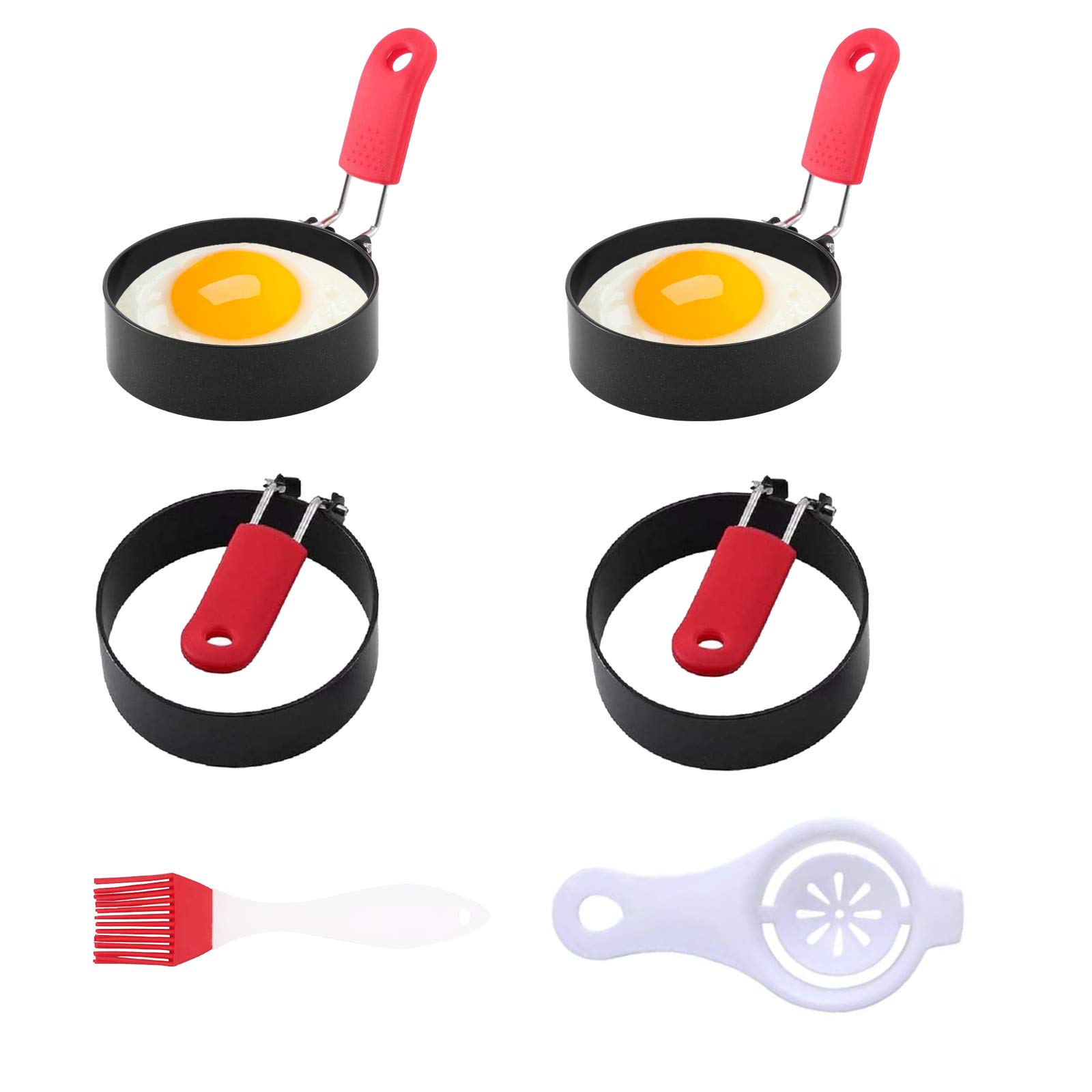 Egg Ring 4-Pack Stainless Steel Egg Ring with Anti-scald Handle with an Oil Brush Non Stick Coating Breakfast Tool for Eggs Frying/Shaping