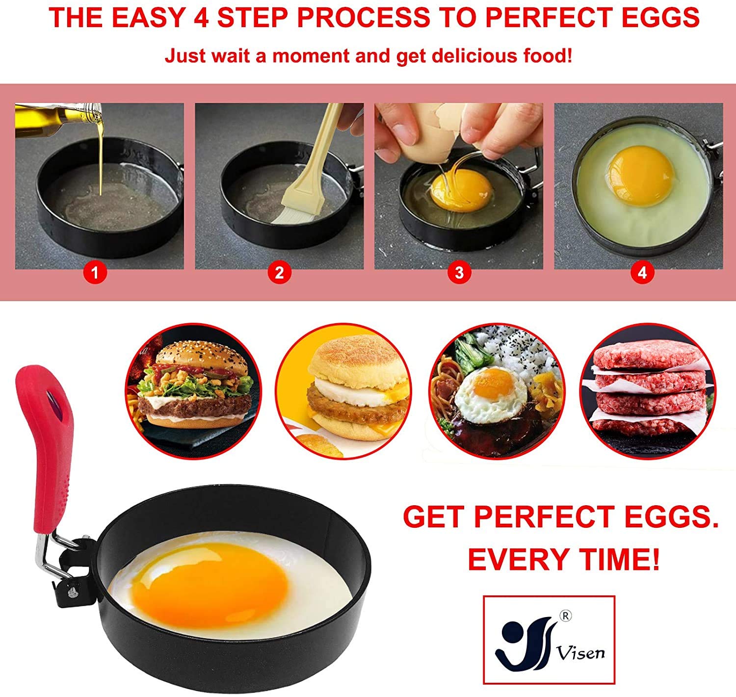 Egg Ring 4-Pack Stainless Steel Egg Ring with Anti-scald Handle with an Oil Brush Non Stick Coating Breakfast Tool for Eggs Frying/Shaping