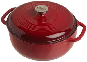 lodge 6 quart enameled cast iron dutch oven with lid – dual handles – oven safe up to 500° f or on stovetop - use to marinate, cook, bake, refrigerate and serve – island spice red