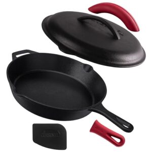 cuisinel cast iron skillet with lid - 12"-inch pre-seasoned covered frying pan set + silicone handle & lid holders + scraper/cleaner - indoor/outdoor, oven, stovetop, camping fire, grill safe cookware